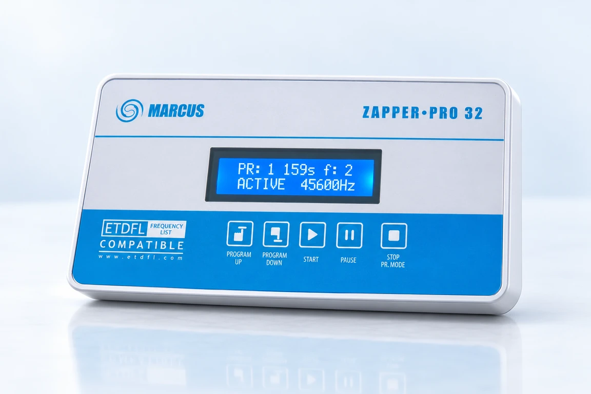 Zapper-Pro 32 v modri izvedbi z jasno osvetljenim zaslonom.